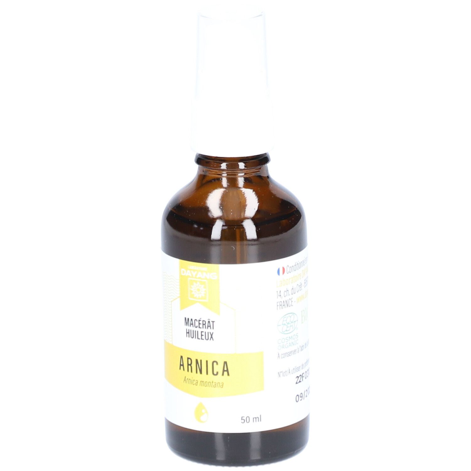 Braune Glasflasche mit weißem Sprühkopf. Etikett mit Text, u.a. "ARNICA" und Bio-Zertifizierung.