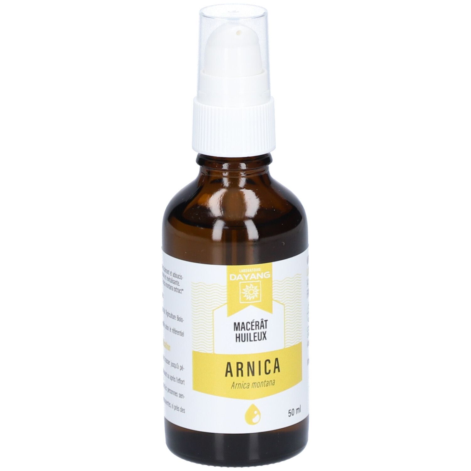 Braune Glasflasche mit weißem Sprühkopf. Etikett mit Text, u.a. "ARNICA" und Logo.