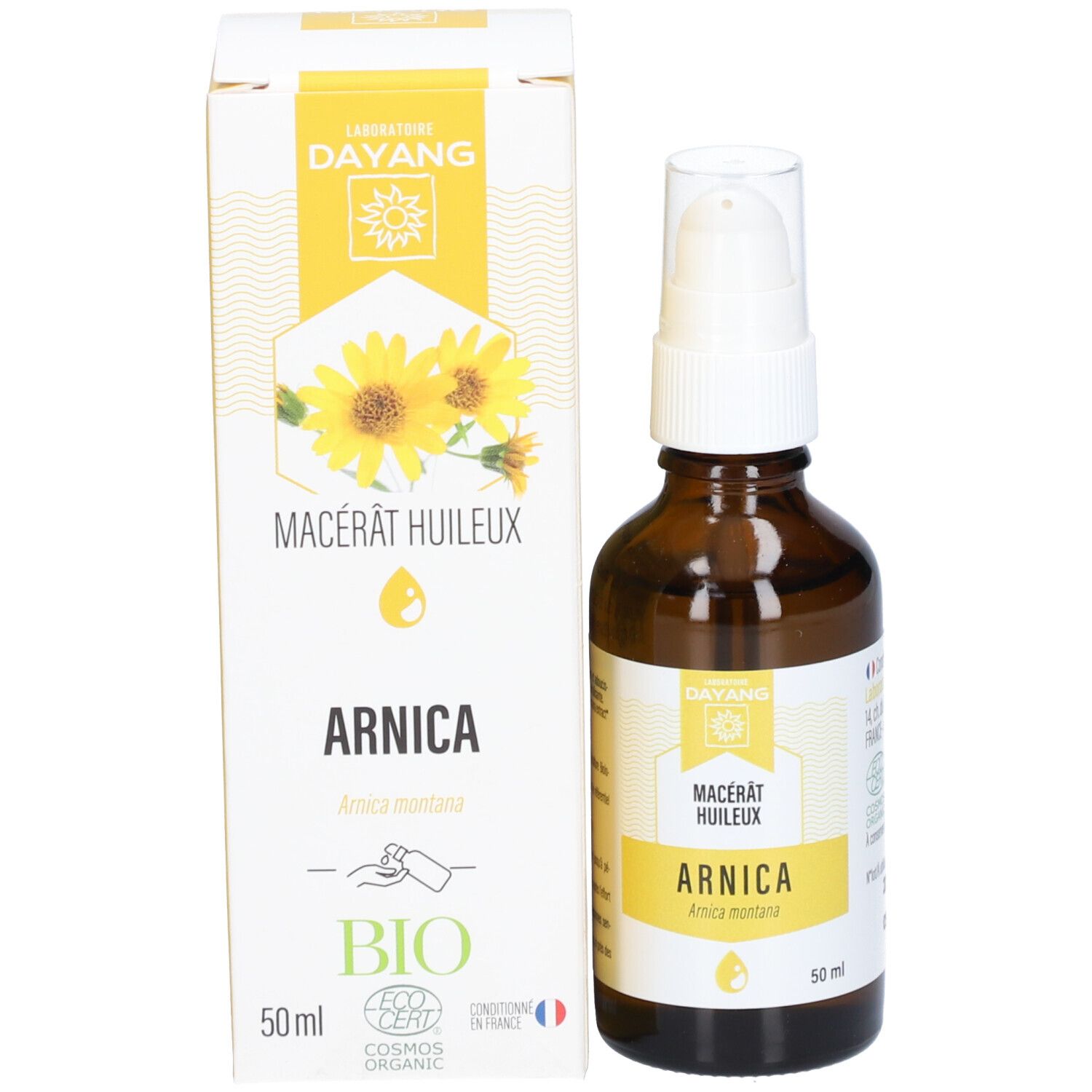 Braune Glasflasche mit weißem Sprühkopf und Kartonverpackung. Auf der Verpackung steht "ARNICA" und Logos.