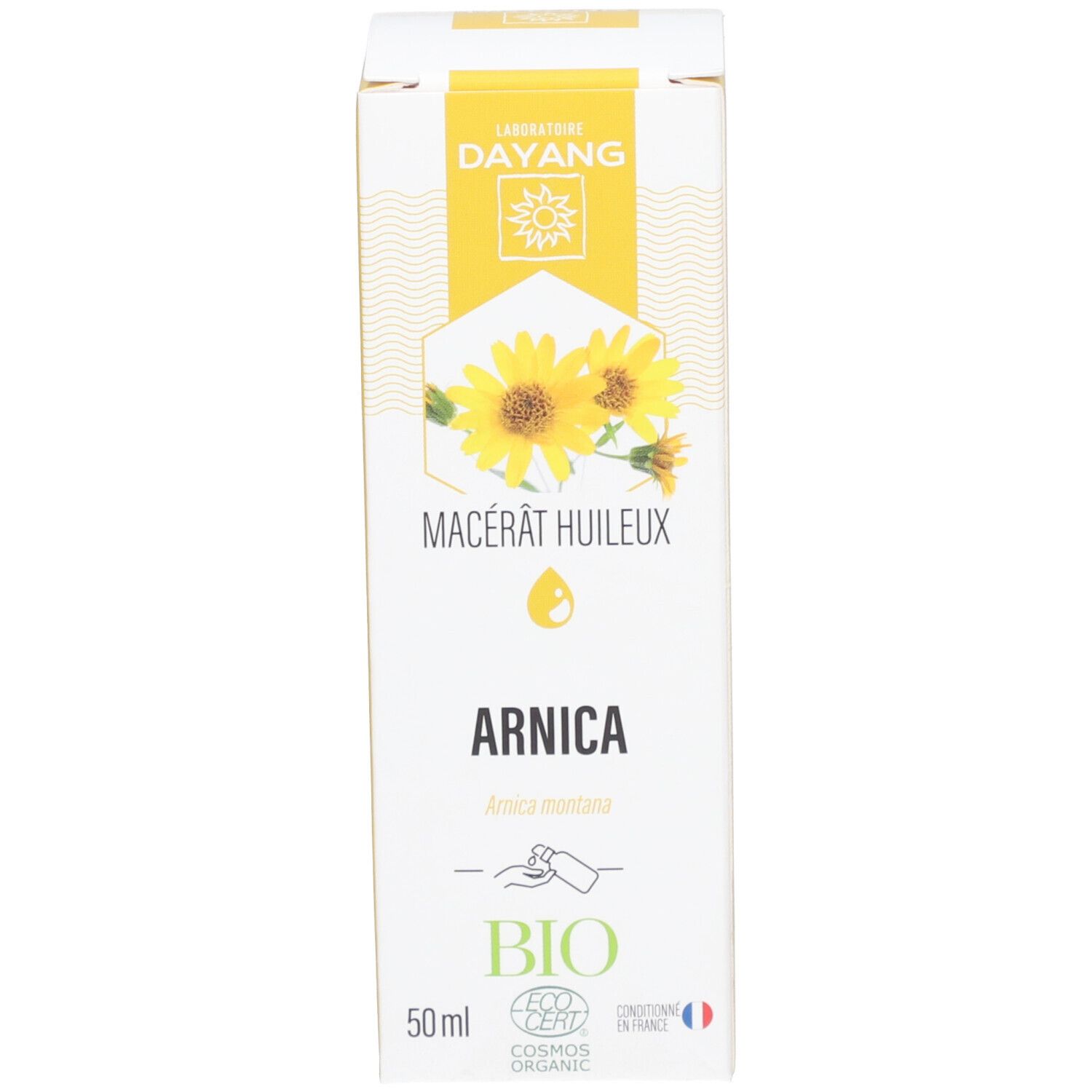 Kartonverpackung mit Text und Logos. Auf der Verpackung steht "ARNICA" und Abbildung von Sonnenblumen.