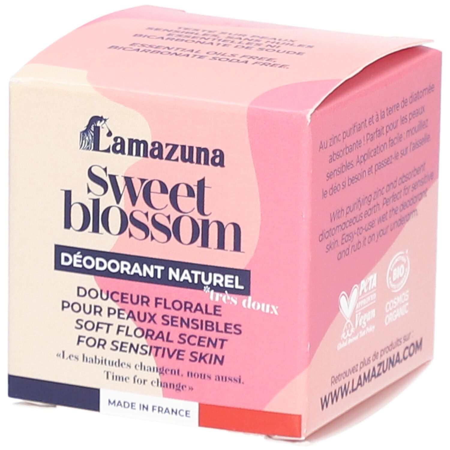 Rosa Kartonverpackung. Aufschrift: LAMAZUNA Sweet Blossom, Déodorant Naturel, Douceur Florale, Pour Peaux Sensibles, Soft Floral Scent. PETA-Logo.