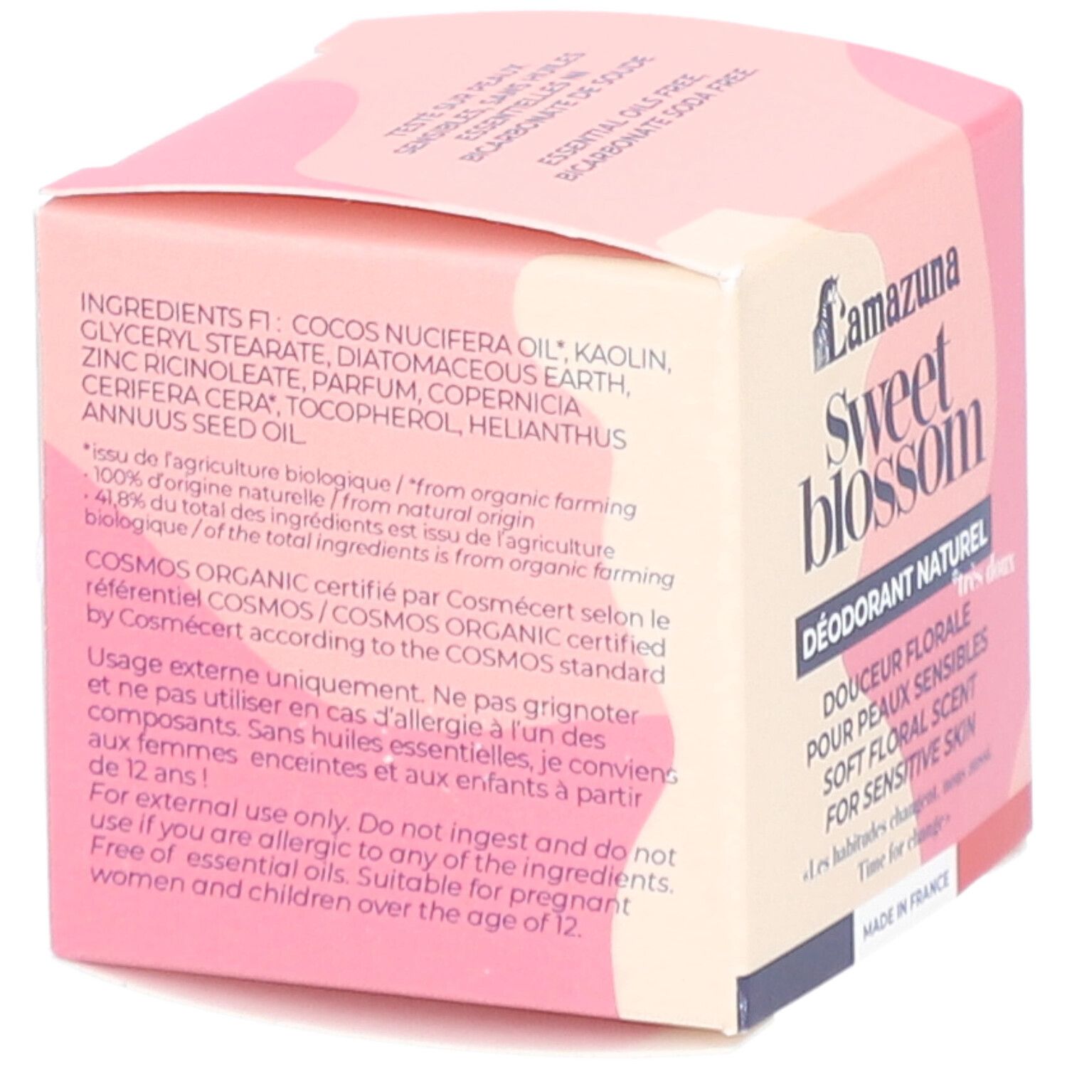 Karton mit Inhaltsstoffen und Zertifizierungen. Aufschrift: LAMAZUNA Sweet Blossom. COSMOS ORGANIC-Zertifizierung. Text in Französisch.