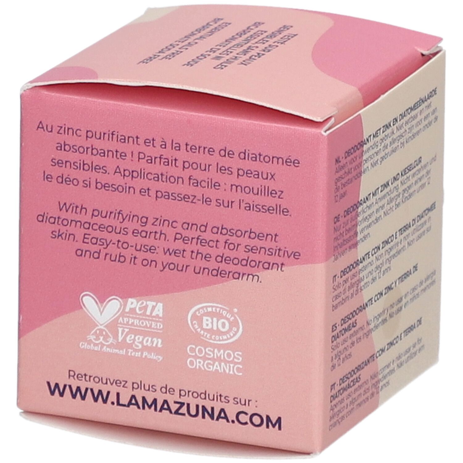 Rosa Karton mit Text. Aufschrift: LAMAZUNA Sweet Blossom, Déodorant Naturel. Logos: PETA, COSMOS ORGANIC. Text in Französisch und Englisch.