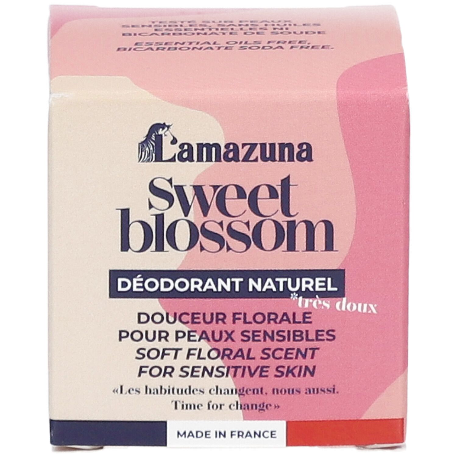 Rosa Kartonverpackung. Aufschrift: LAMAZUNA Sweet Blossom, Déodorant Naturel, Douceur Florale, Pour Peaux Sensibles, Soft Floral Scent. Logo.