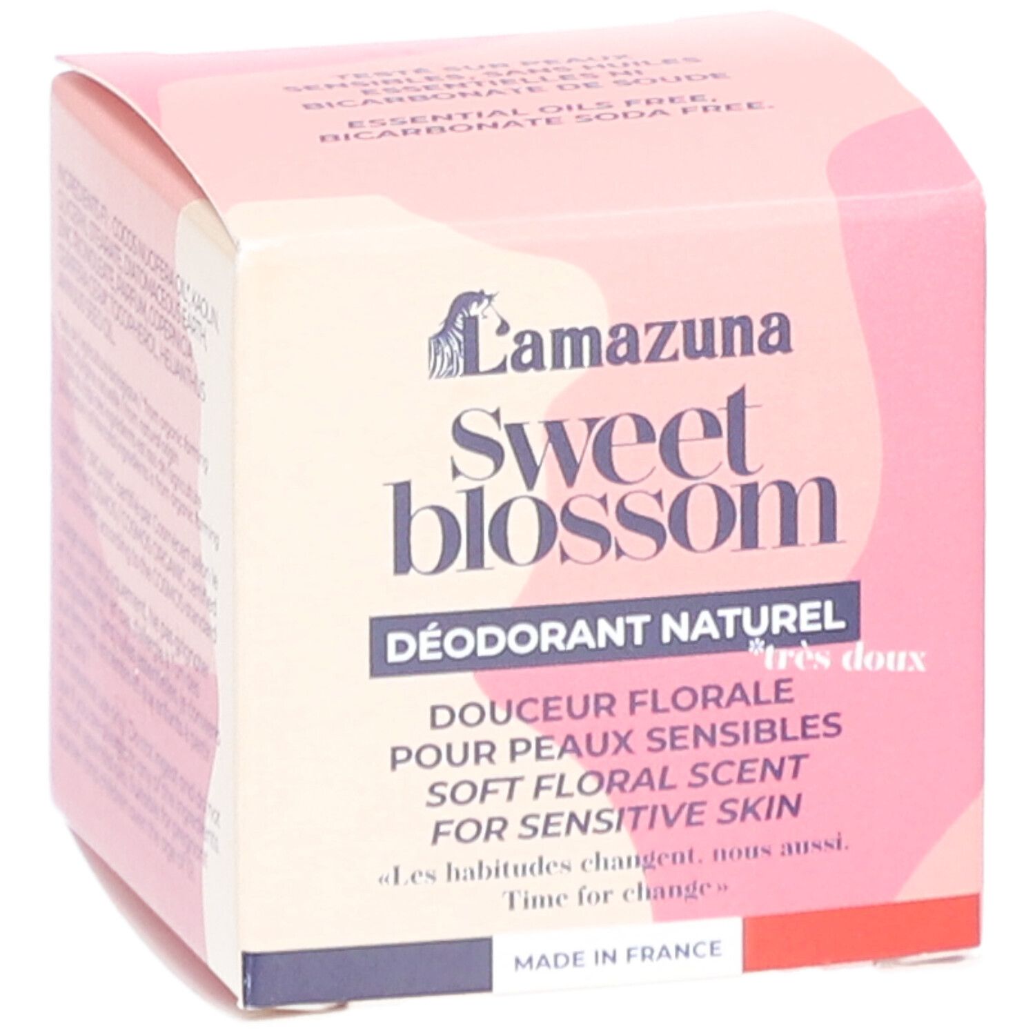 Rosa Kartonverpackung. Aufschrift: LAMAZUNA Sweet Blossom, Déodorant Naturel, Douceur Florale, Pour Peaux Sensibles, Soft Floral Scent. Logo.