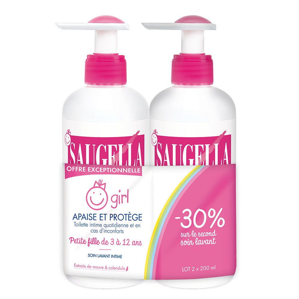 Saugella - Girl - Soin lavant intime féminin - à base d’extraits de Malva sylvestris et de Calendula officinalis - à partir de 3 ans - Flacons Lot 2x200 ml
