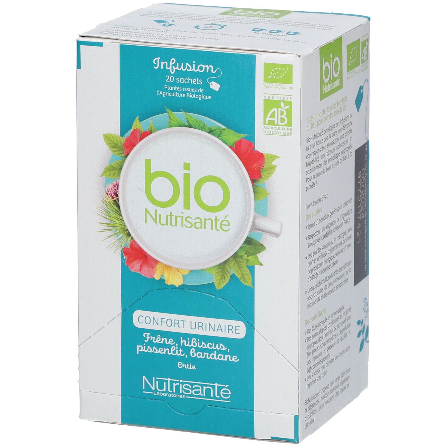 Boîte de thé aux herbes. Inscription: Bio, Confort Urinaire, Nutrisanté. Avec label AB. 20 sachets.