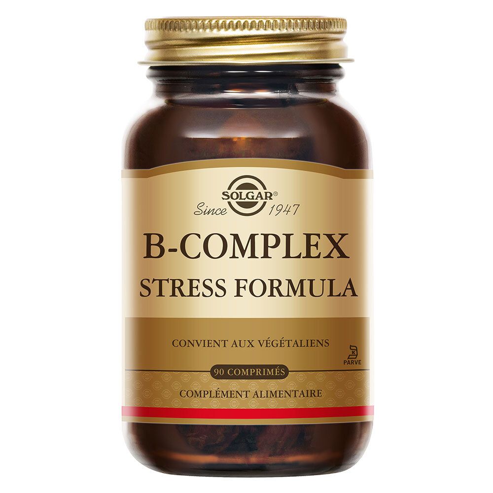 Braune Glasflasche mit goldfarbenem Deckel. Etikett mit Text: B-Complex Stress Formula. 90 Tabletten. Vegan.