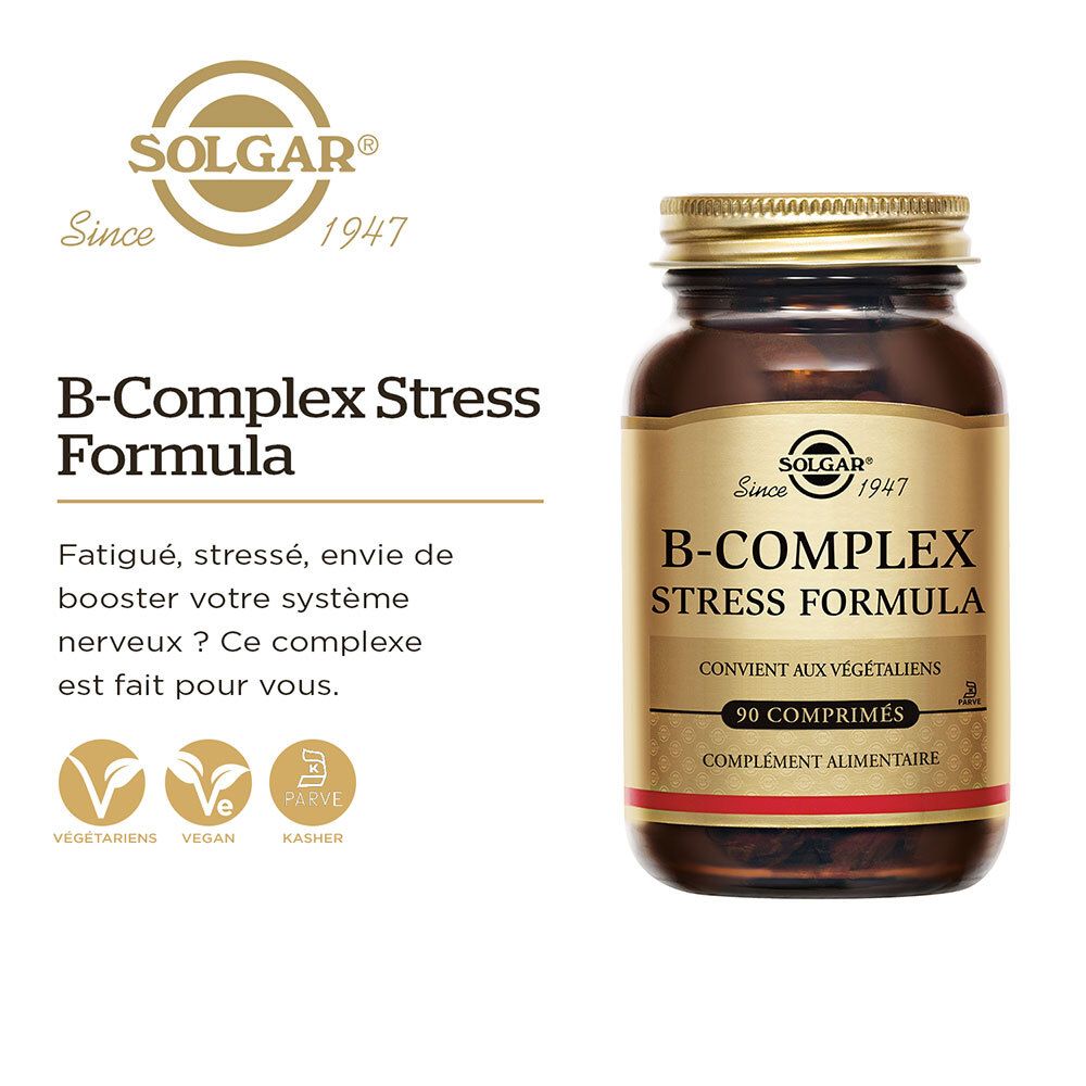 Produktabbildung mit Text: B-Complex Stress Formula. Logos: Vegan, Koscher.