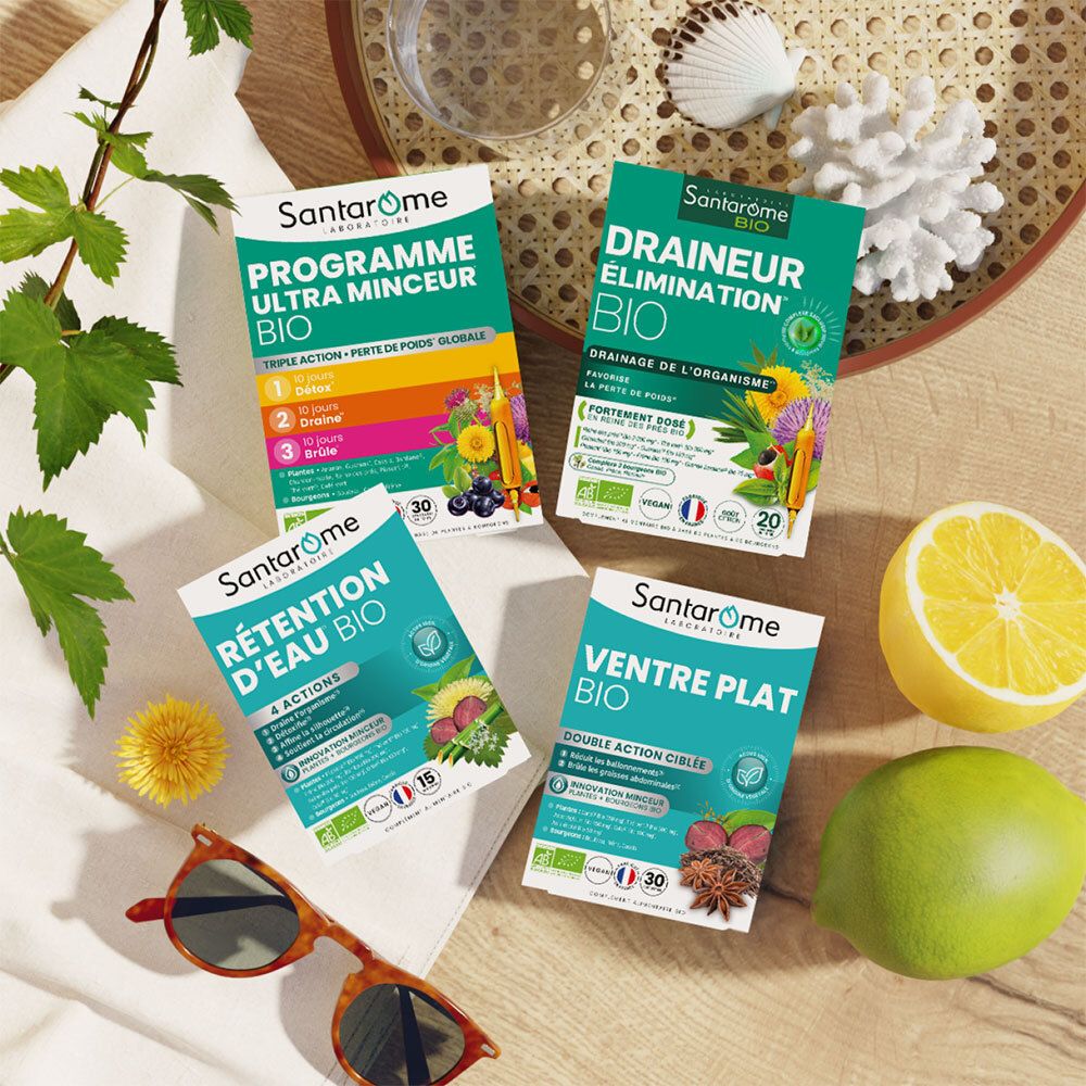 Mehrere SANTAROME-Produktverpackungen. Ultra Minseur, Drainer Elimination, Rétention d'eau, Ventre Plat. Sonnenbrille, Zitrone.