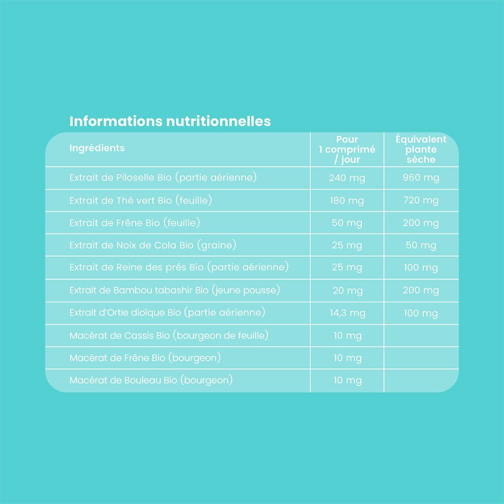 Nährwertangaben. Inhaltsstoffe, pro Tablette, äquivalente Trockenpflanze. Piloselle, Grüntee, Esche, etc.