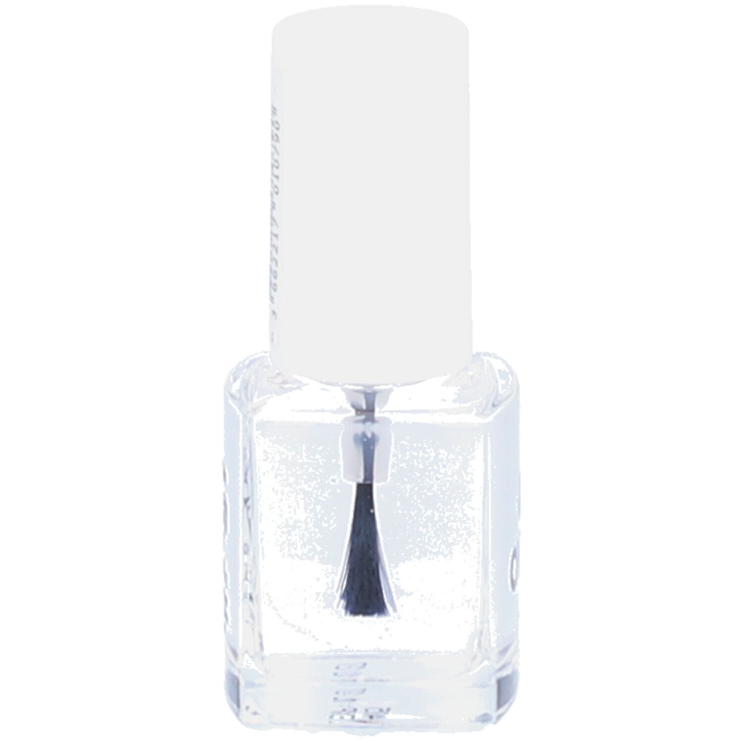 Klare Nagellackflasche mit weißem Deckel. Der Pinsel ist sichtbar. Das Produkt ist durchsichtig.