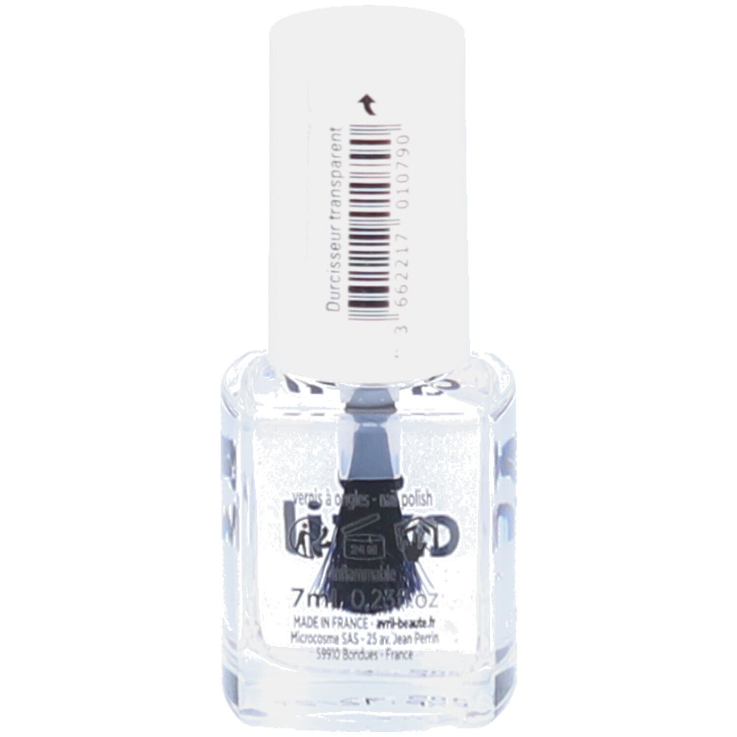 Transparente Nagellackflasche mit weißem Deckel. Aufschrift: Durcisseur transparent. Volumen: 7ml, 0,2% oz.