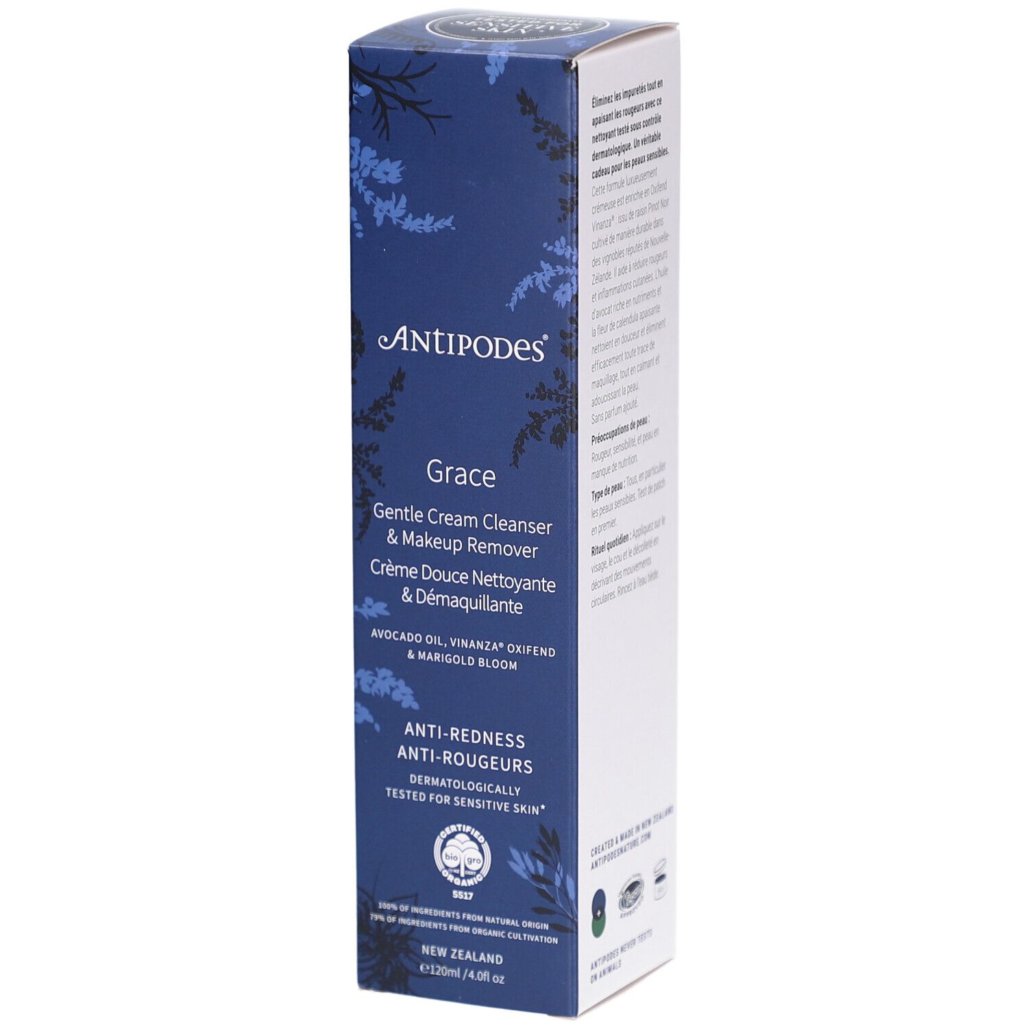 Blau-weiße Produktverpackung. Schriftzug ANTIPODES, Grace, sanfte Reinigung & Make-up Entferner. Anti-Rötungen. Dermatologisch getestet.