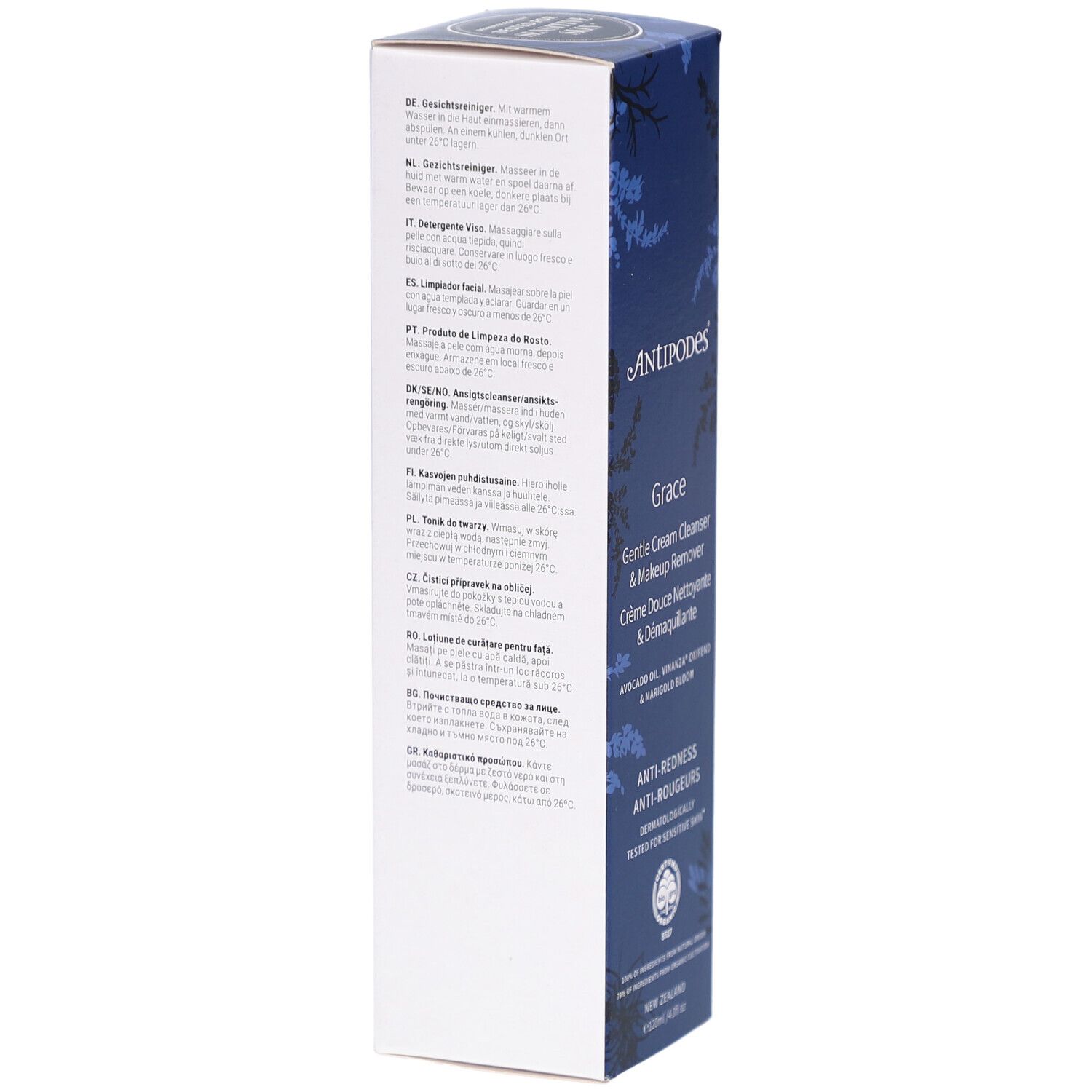 Schmale, hohe Produktverpackung. Text in mehreren Sprachen. Marke ANTIPODES. Produktname Grace. Informationen zur Anwendung.
