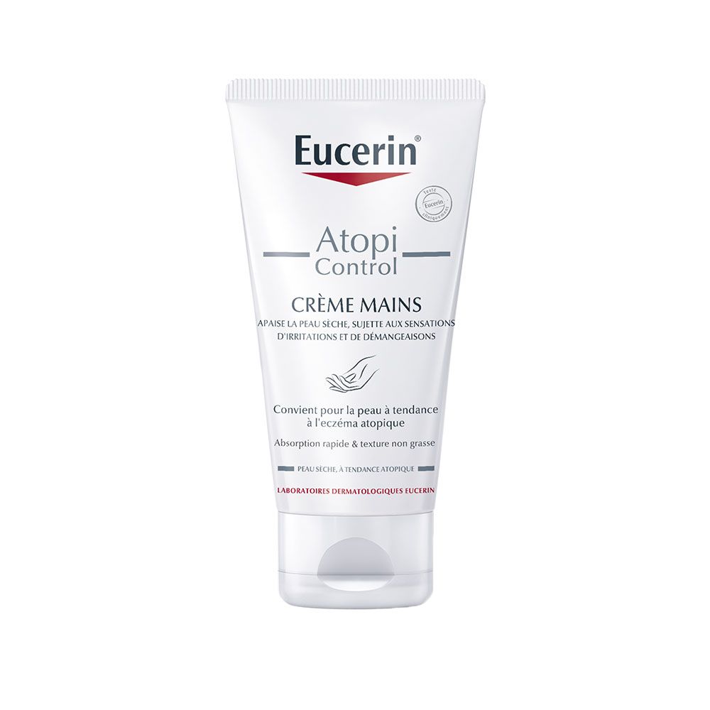 Eucerin AtopiControl Handcreme Tube. Weiße Tube mit roter und schwarzer Schrift. Enthält Creme für trockene, zu Neurodermitis neigende Haut.