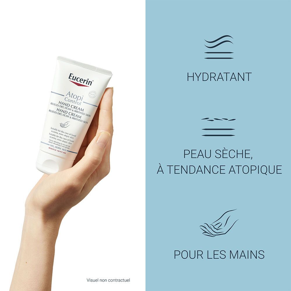 Hand mit Eucerin AtopiControl Handcreme Tube. Text: Hydratant, Peau sèche, à tendance atopique, Pour les mains.