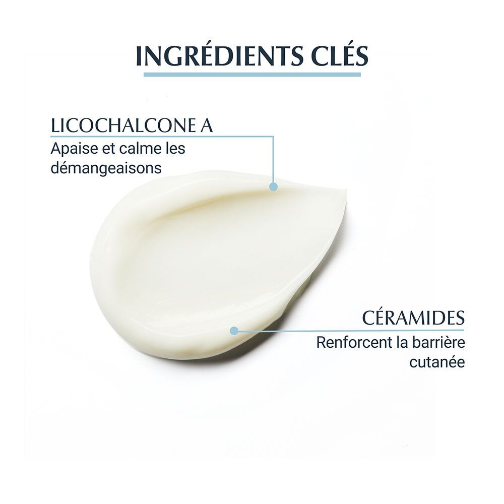 Nahaufnahme einer Creme. Text: Inhaltsstoffe: Licochalcone A, Ceramide. Beschriftung: Beruhigt Juckreiz, Stärkt die Hautbarriere.