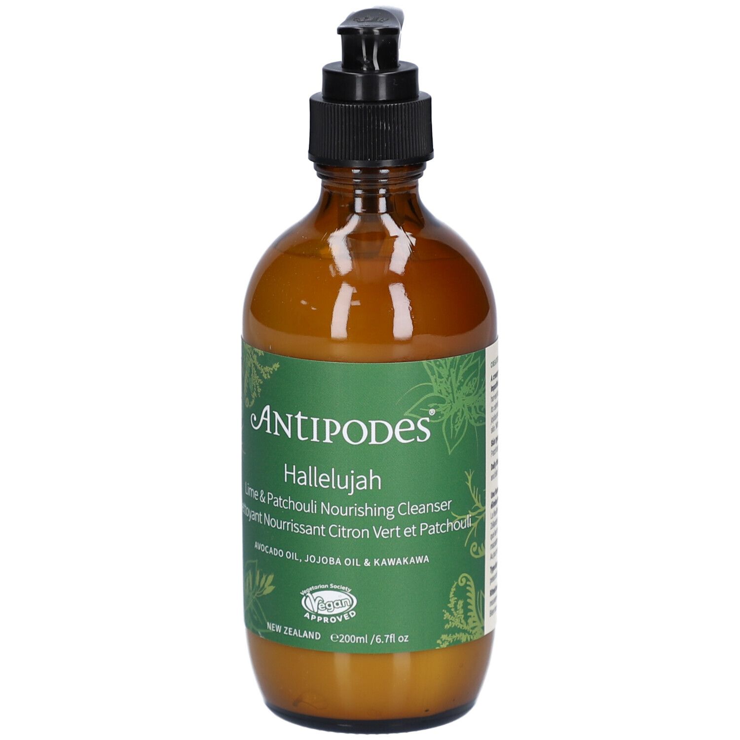 Braune Glasflasche mit schwarzem Pumpkopf. Etikett mit Schriftzug ANTIPODES, Hallelujah und Produktinformationen. Vegan-Siegel.