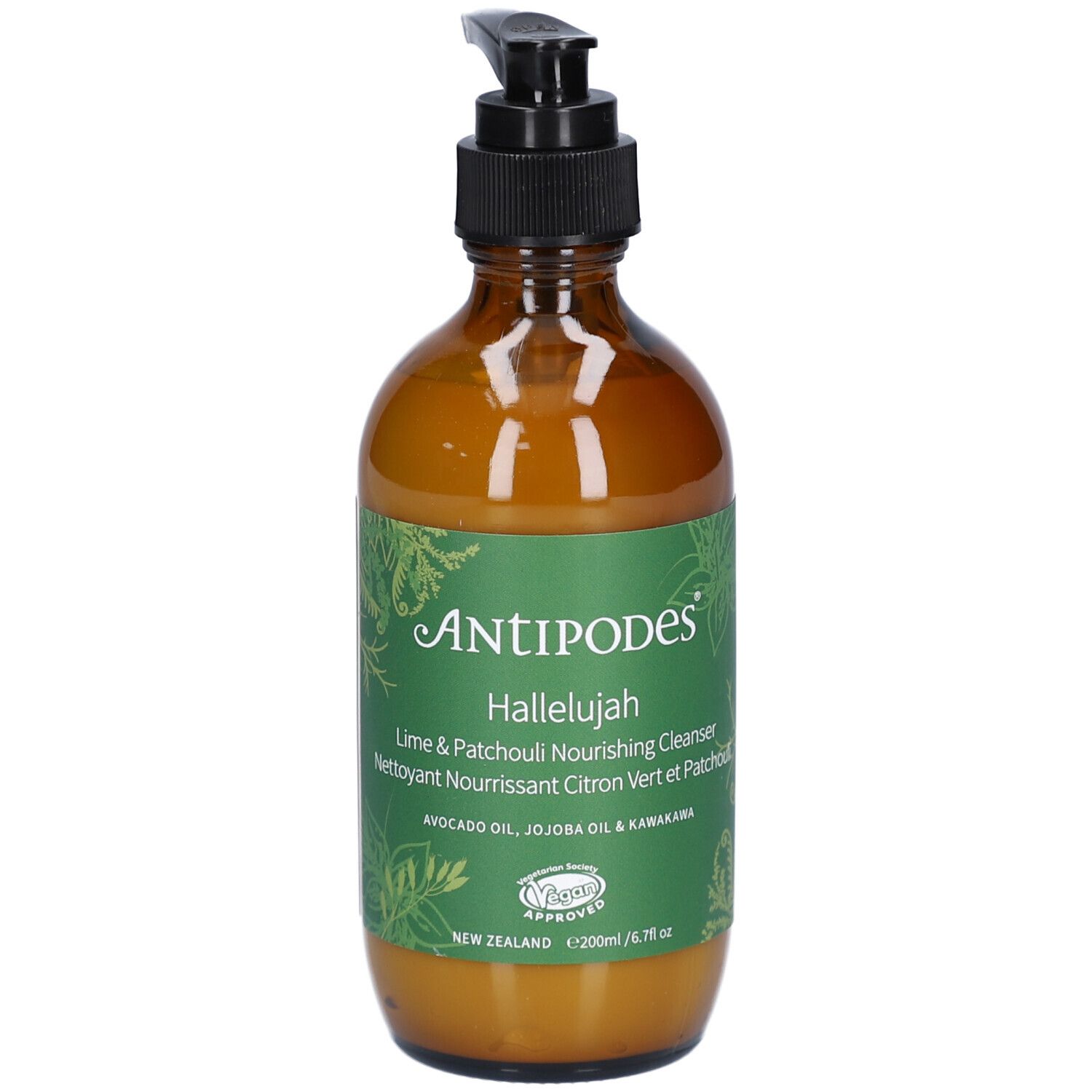 Braune Glasflasche mit schwarzem Pumpkopf. Etikett mit Schriftzug ANTIPODES, Hallelujah und Produktinformationen. Vegan-Siegel.