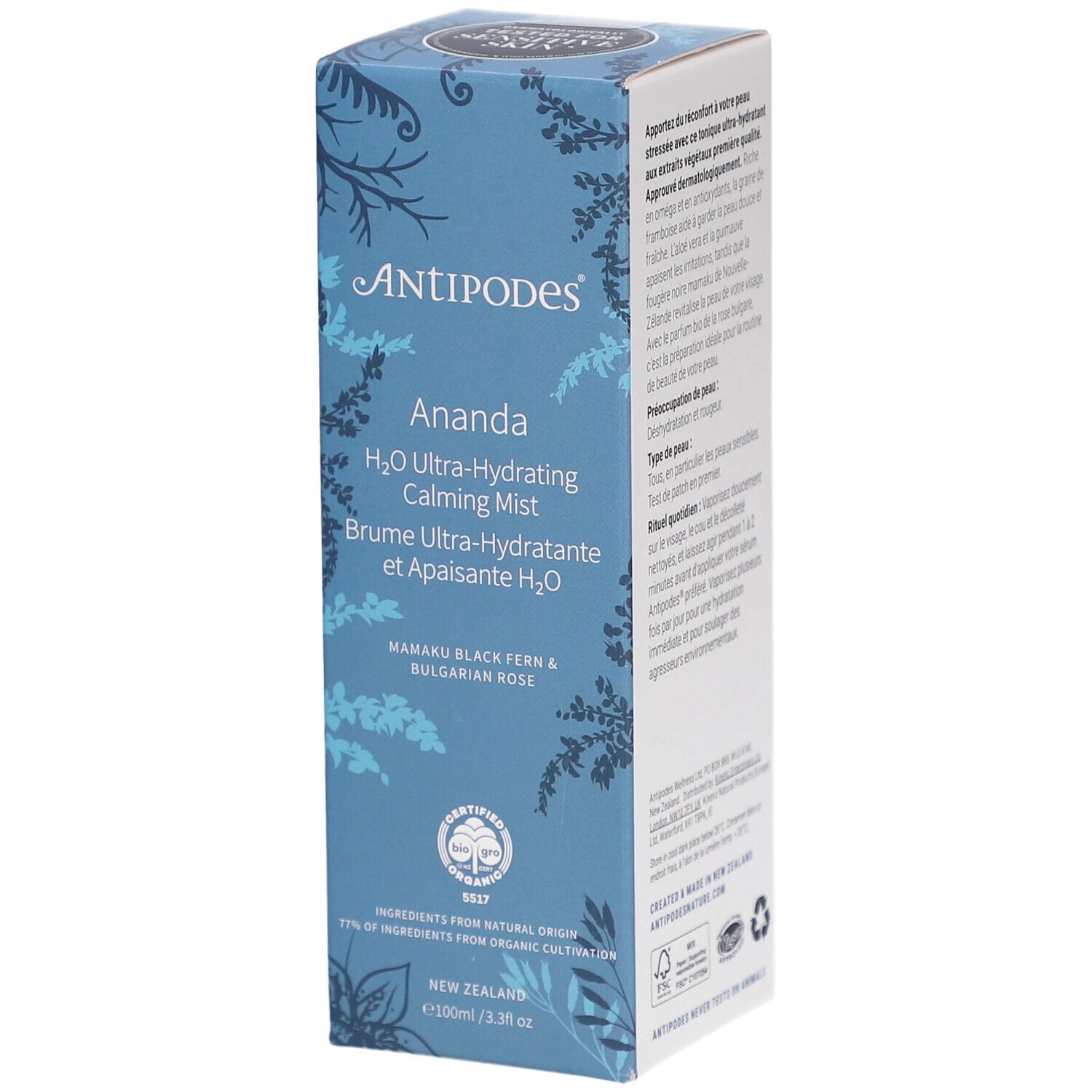 Emballage bleu et blanc. Inscription ANTIPODES, Ananda, Brume Ultra-Hydratante et Apaisante H2O. Certifications et informations.