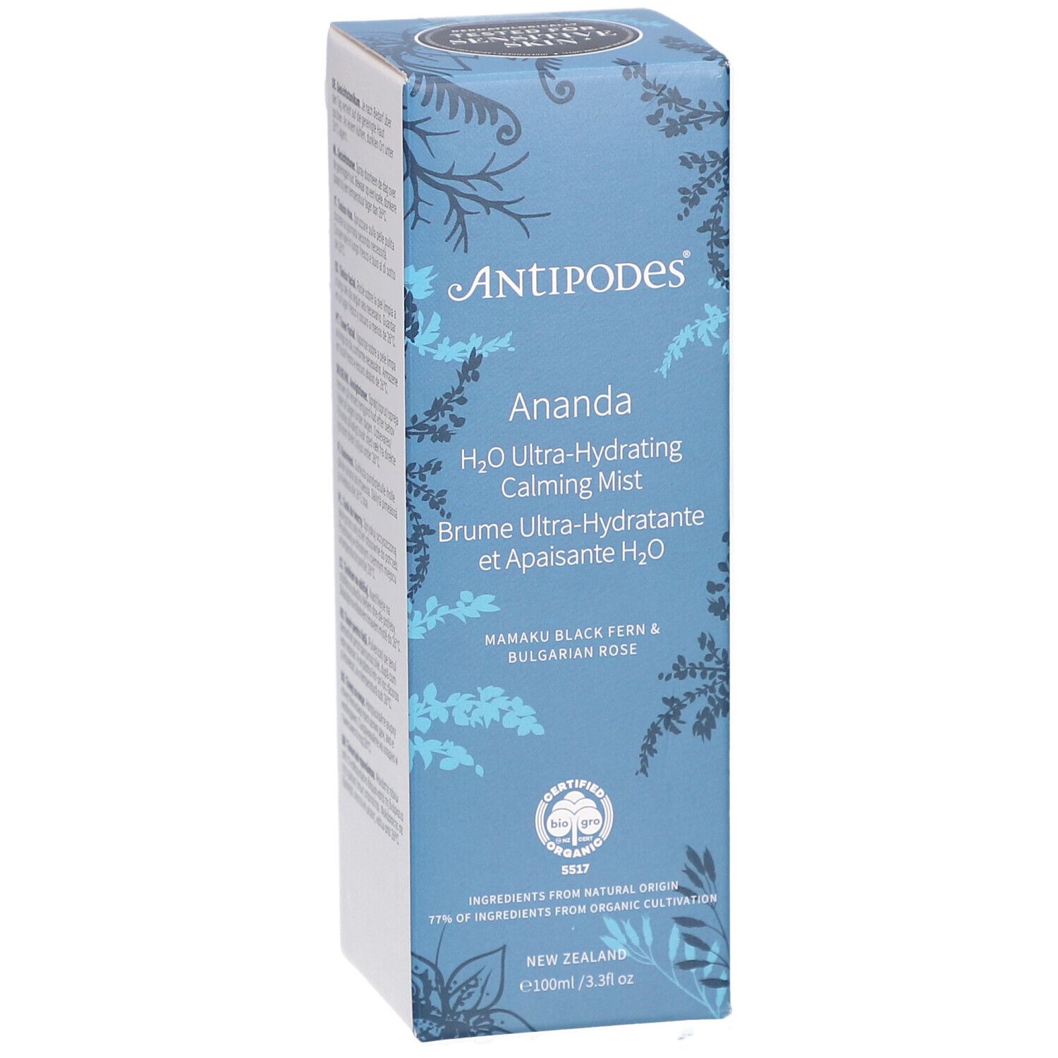 Emballage bleu et blanc. Inscription ANTIPODES, Ananda, Brume Ultra-Hydratante et Apaisante H2O. Certifications et informations.