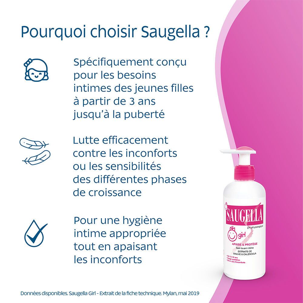Saugella - Girl - Soin lavant intime féminin - à base d’extraits de Malva sylvestris et de Calendula officinalis - à partir de 3 ans - Flacon 200 ml