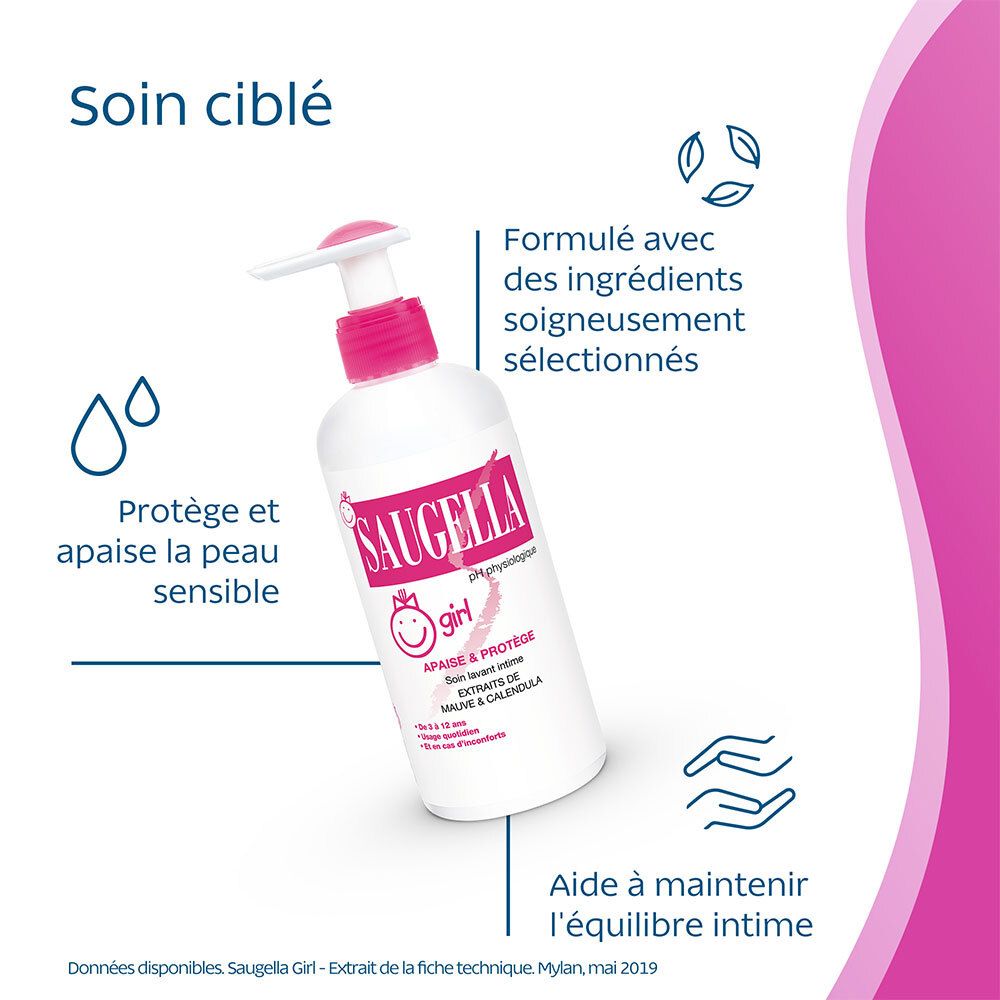 Saugella - Girl - Soin lavant intime féminin - à base d’extraits de Malva sylvestris et de Calendula officinalis - à partir de 3 ans - Flacon 200 ml
