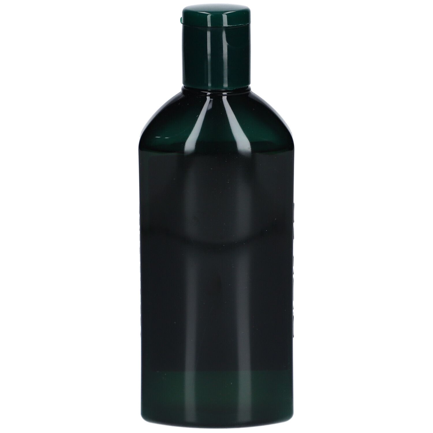 Flacon de shampooing vert avec bouchon vert. Aucune inscription visible.