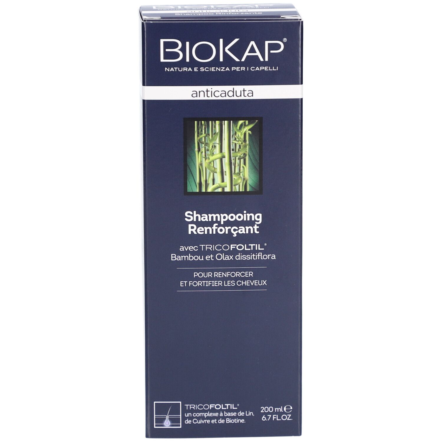Boîte bleue avec logo BIOKAP et inscription anticaduta. Texte: Shampooing Renforçant, Bambou et Olax.