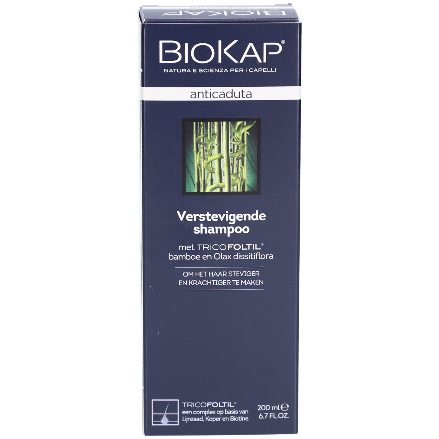 Boîte bleue avec logo BIOKAP et inscription anticaduta. Texte: Verstevigende shampoo, Bambou et Olax.