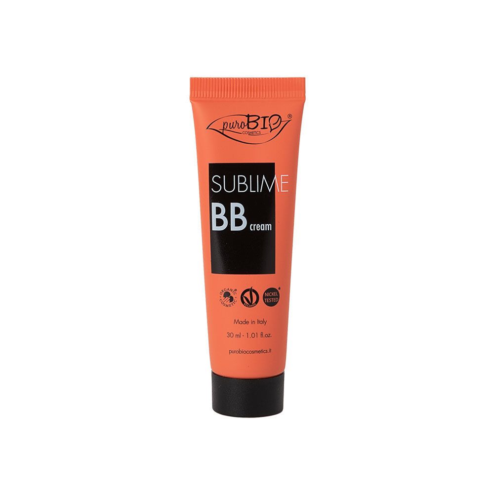 Orange Tube mit schwarzem Deckel. Aufschrift: Sublime BB cream. Marke: Purobio. Mit Logos und Text.