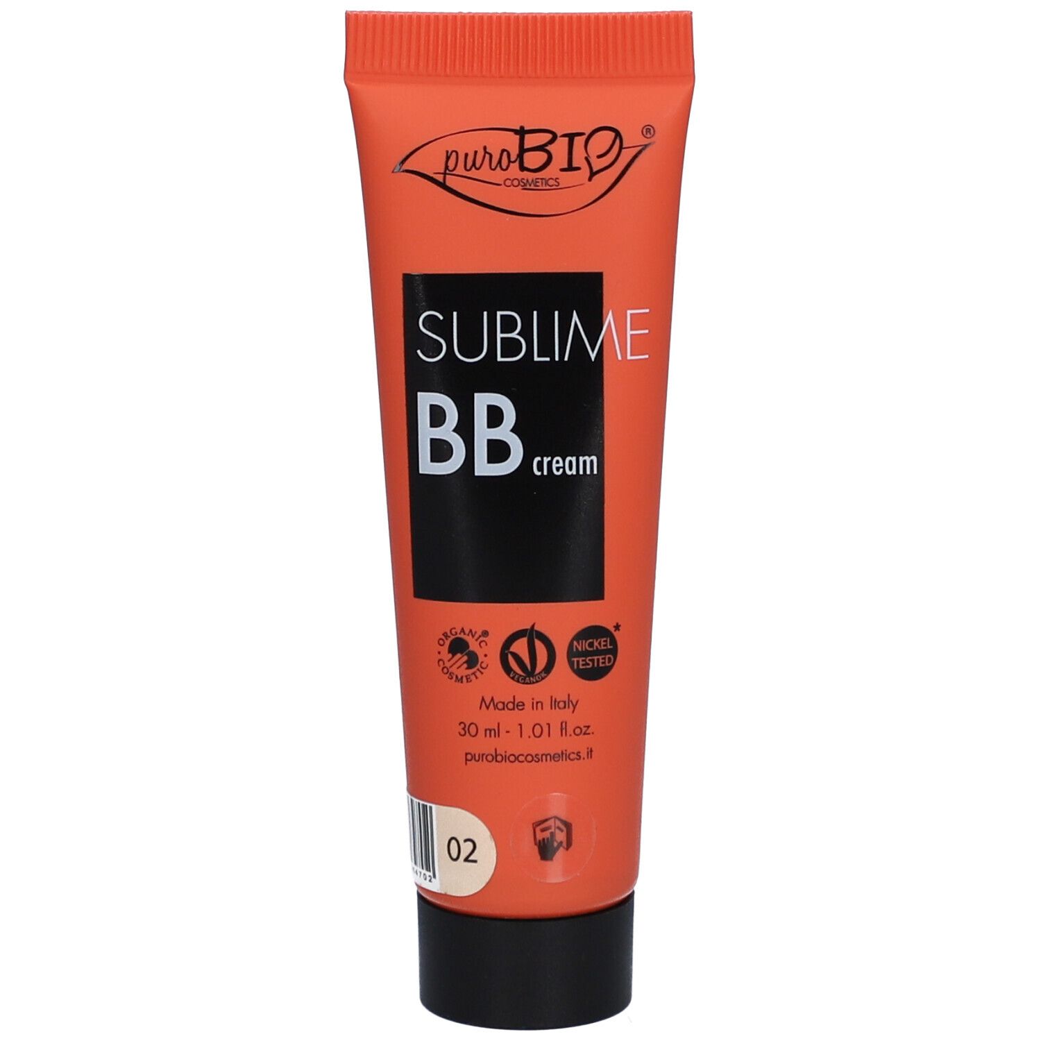 Orange Tube mit schwarzem Deckel. Aufschrift: Sublime BB cream. Marke: Purobio. Mit Text und Farbnummer 02.
