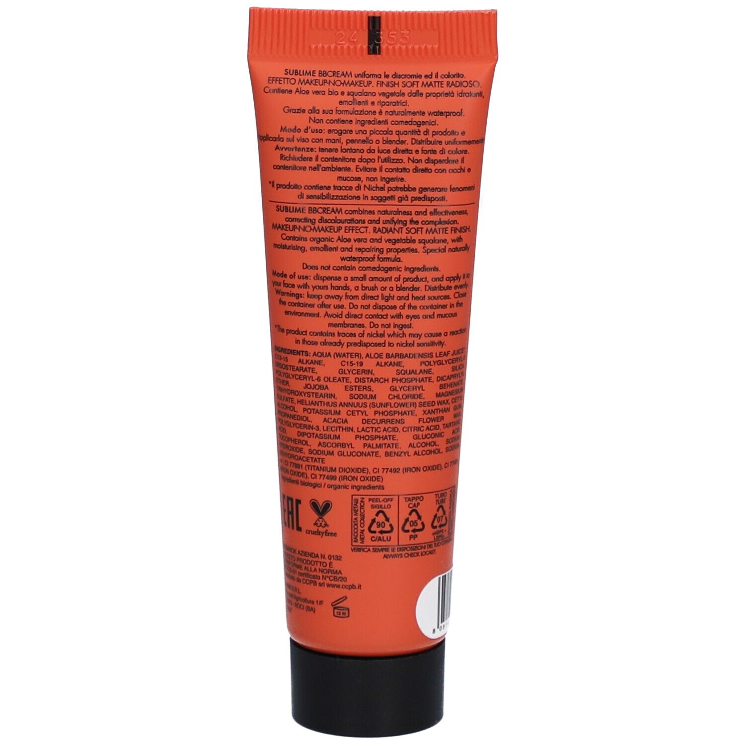 Rückseite einer orangefarbenen Tube mit schwarzem Deckel. Text und Logos. Inhaltsstoffe und Informationen.