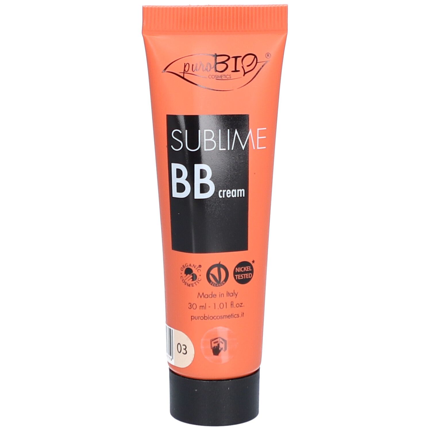 Orange Tube mit schwarzem Deckel. Aufschrift: Sublime BB cream. Logo und Text: Nickel Tested, 30 ml, Farbton 03.