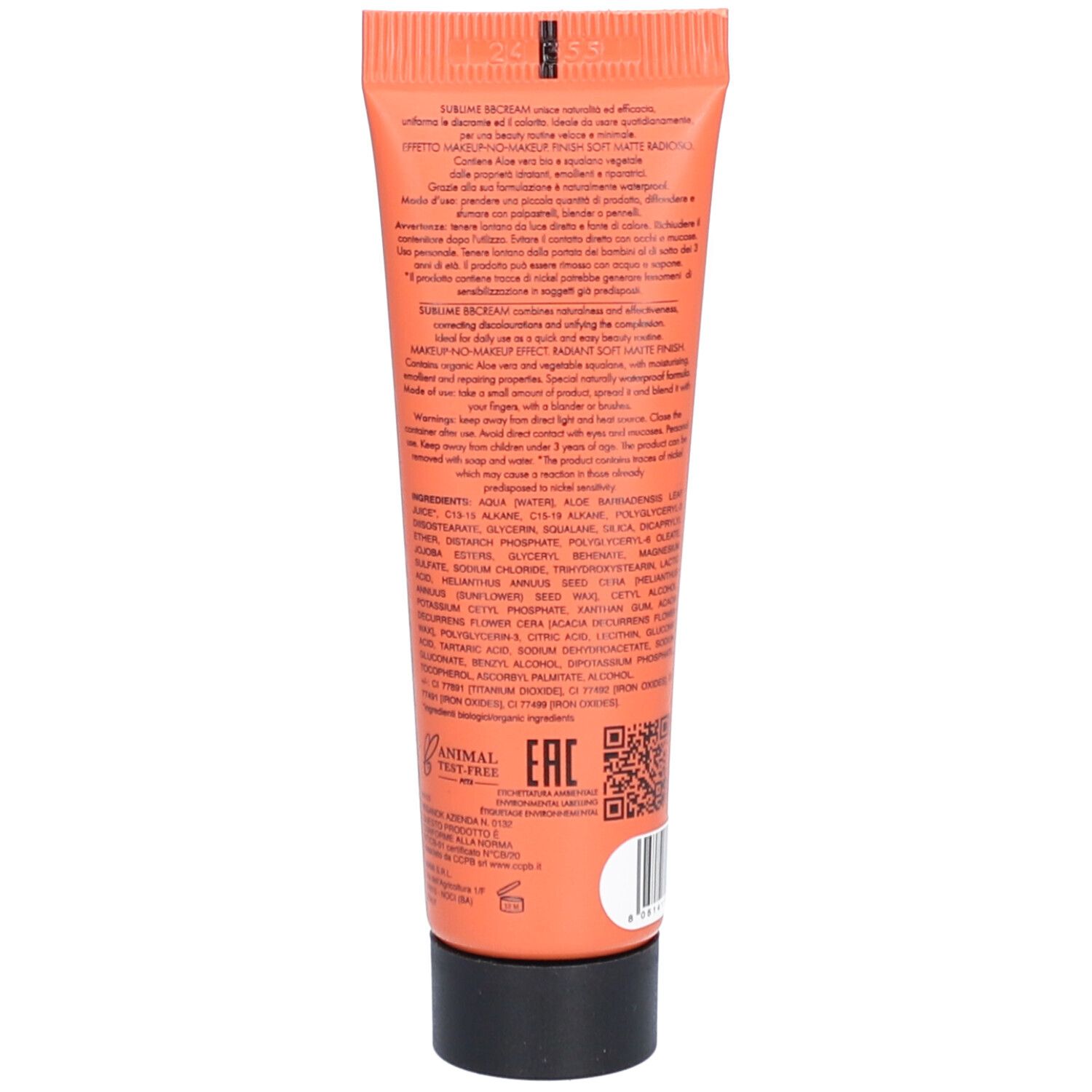 Rückseite einer orangefarbenen Tube mit schwarzem Deckel. Text: Inhaltsstoffe, Anwendungshinweise, Logo Animal Tested.