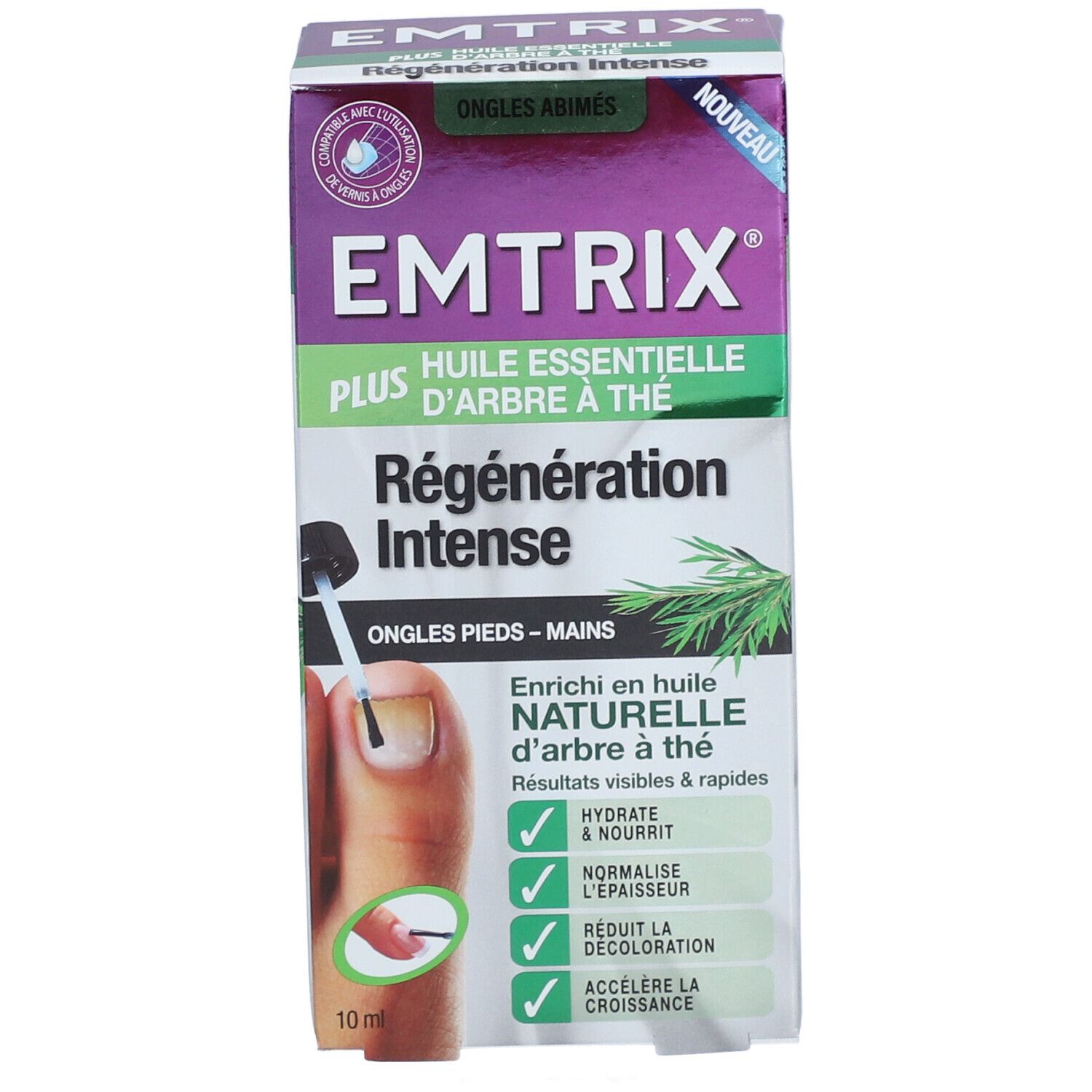 Schachtel EMTRIX Plus. Aufschrift: Régenération Intense, huile essentielle d'arbre à thé. Zeigt einen Nagel mit Applikator. 10 ml.