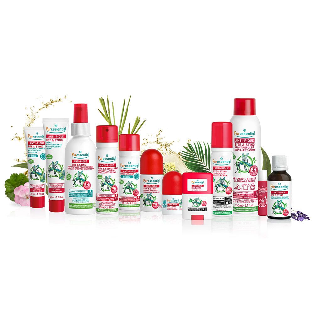 Divers produits Anti-Pique Puressentiel. Flacons, roll-ons, sprays et huile. Bouchons rouges.