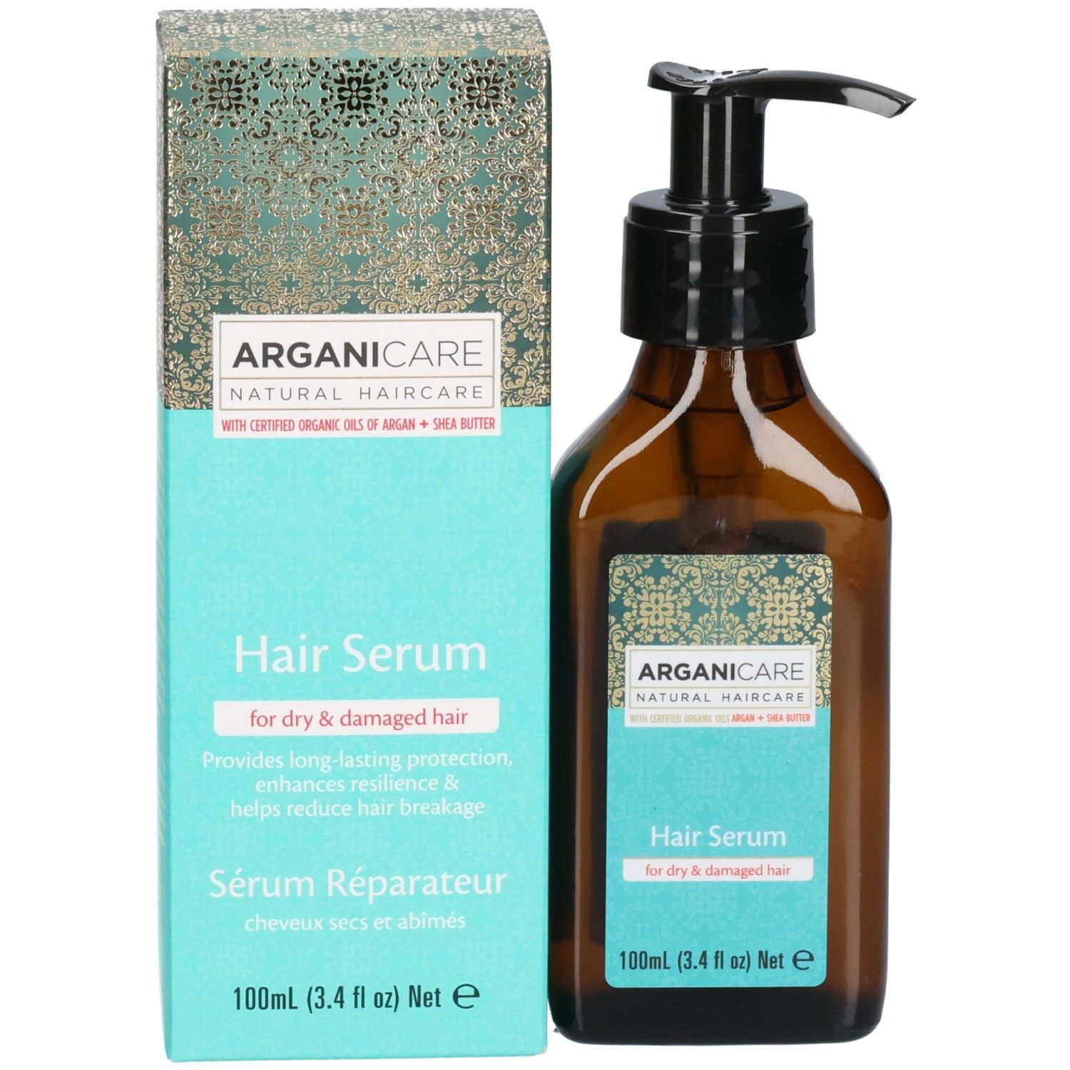Arganicare Haarserum Flasche und Verpackung. Serum für trockenes und geschädigtes Haar.