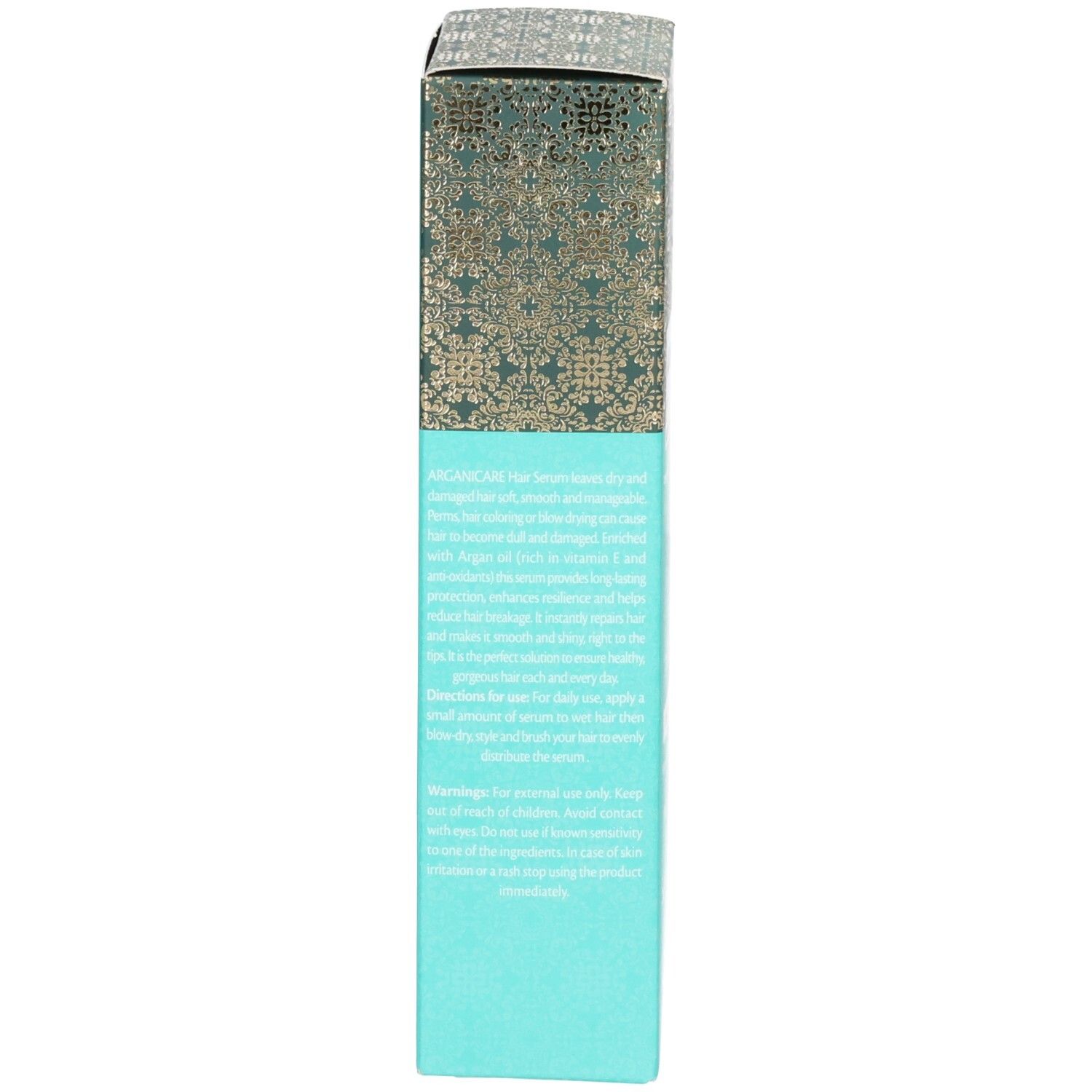 Seitenansicht der Arganicare Haarserum Verpackung mit detaillierten Produktinformationen.