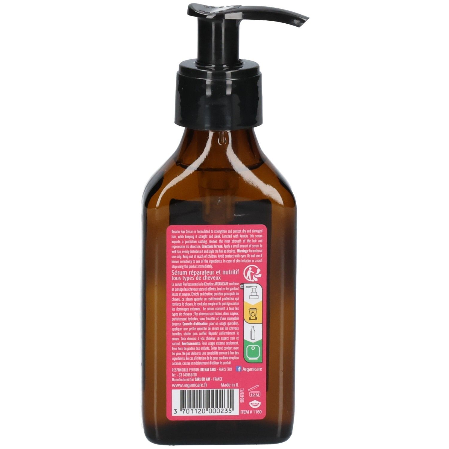 Rückseite der Arganicare Keratin Haarserum Flasche mit Produktinformationen und Symbolen.