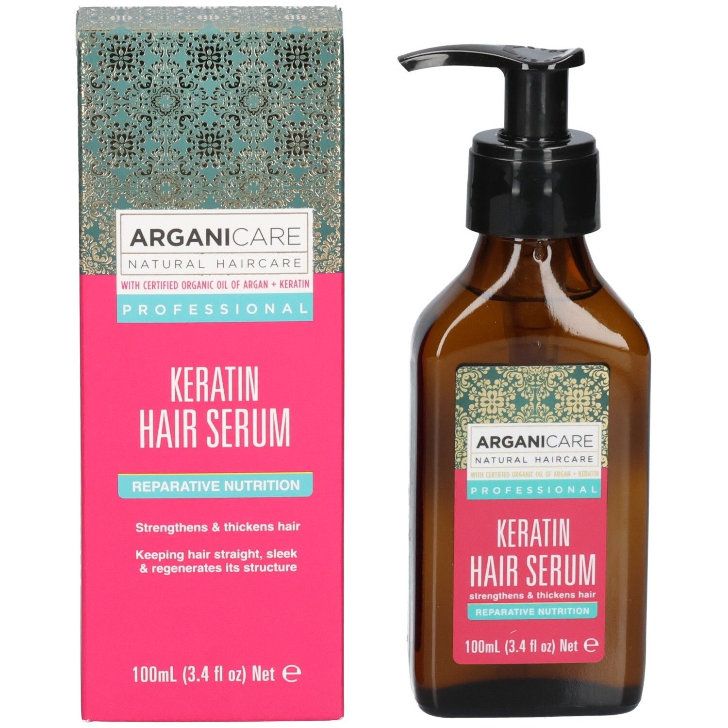 Arganicare Keratin Haarserum Flasche und Verpackung. Serum stärkt und verdickt das Haar.