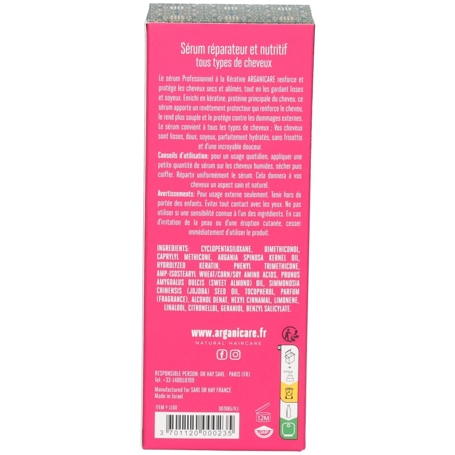 Rückseite der Arganicare Keratin Haarserum Verpackung mit Inhaltsstoffen und Anwendungshinweisen.
