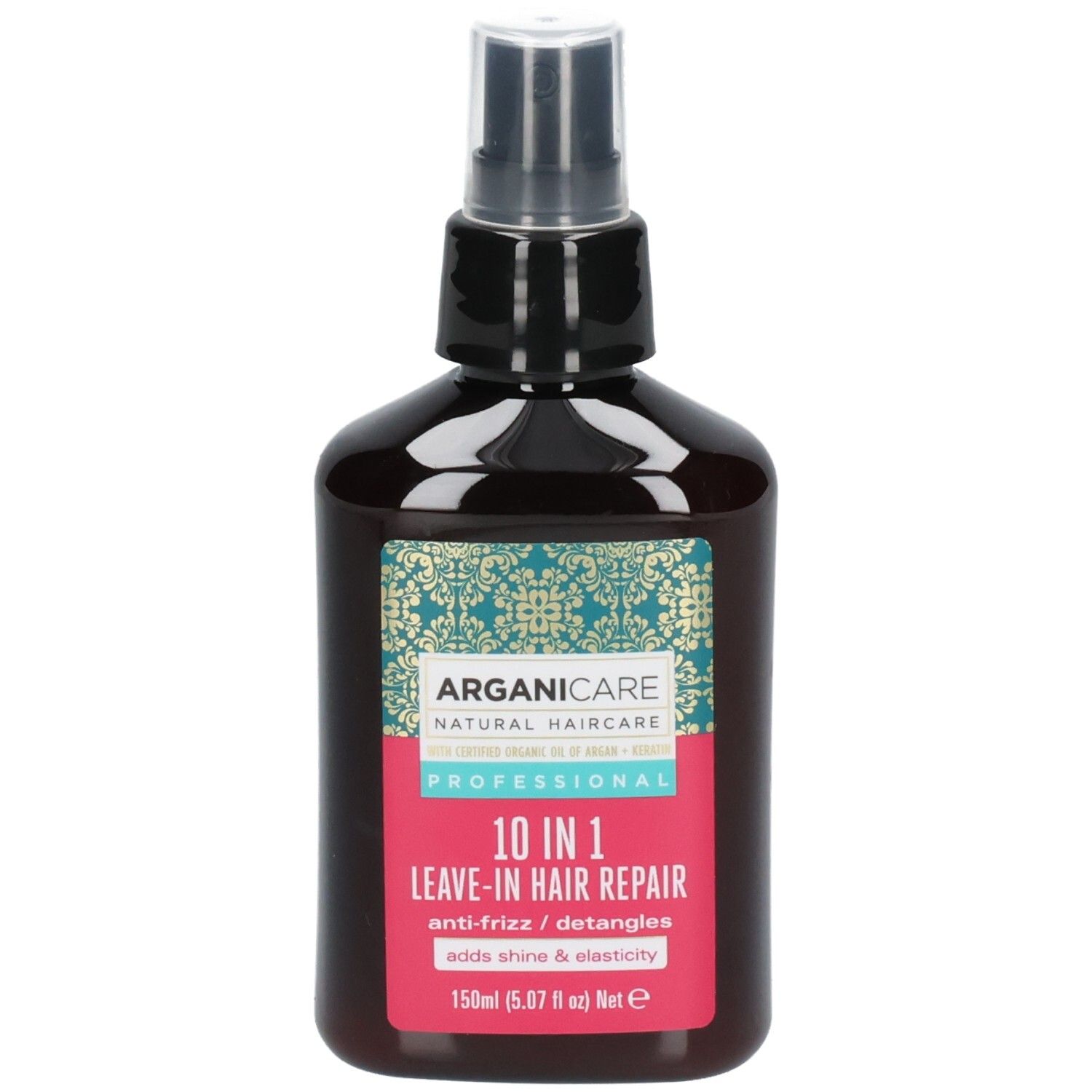 Arganicare Spray Réparation Cheveux 10-en-1 sans rinçage à l'Argan et Kératine. Flacon brun avec vaporisateur.