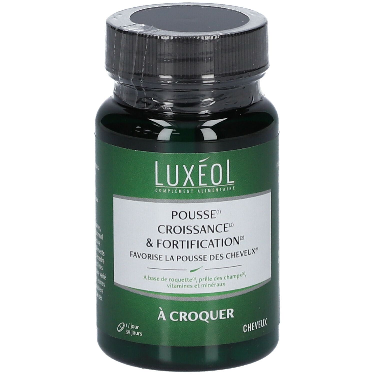 Grüne Flasche mit LUXÉOL-Etikett. Aufschrift: Pousse, Croissance & Fortification. Kapseln für das Haarwachstum.