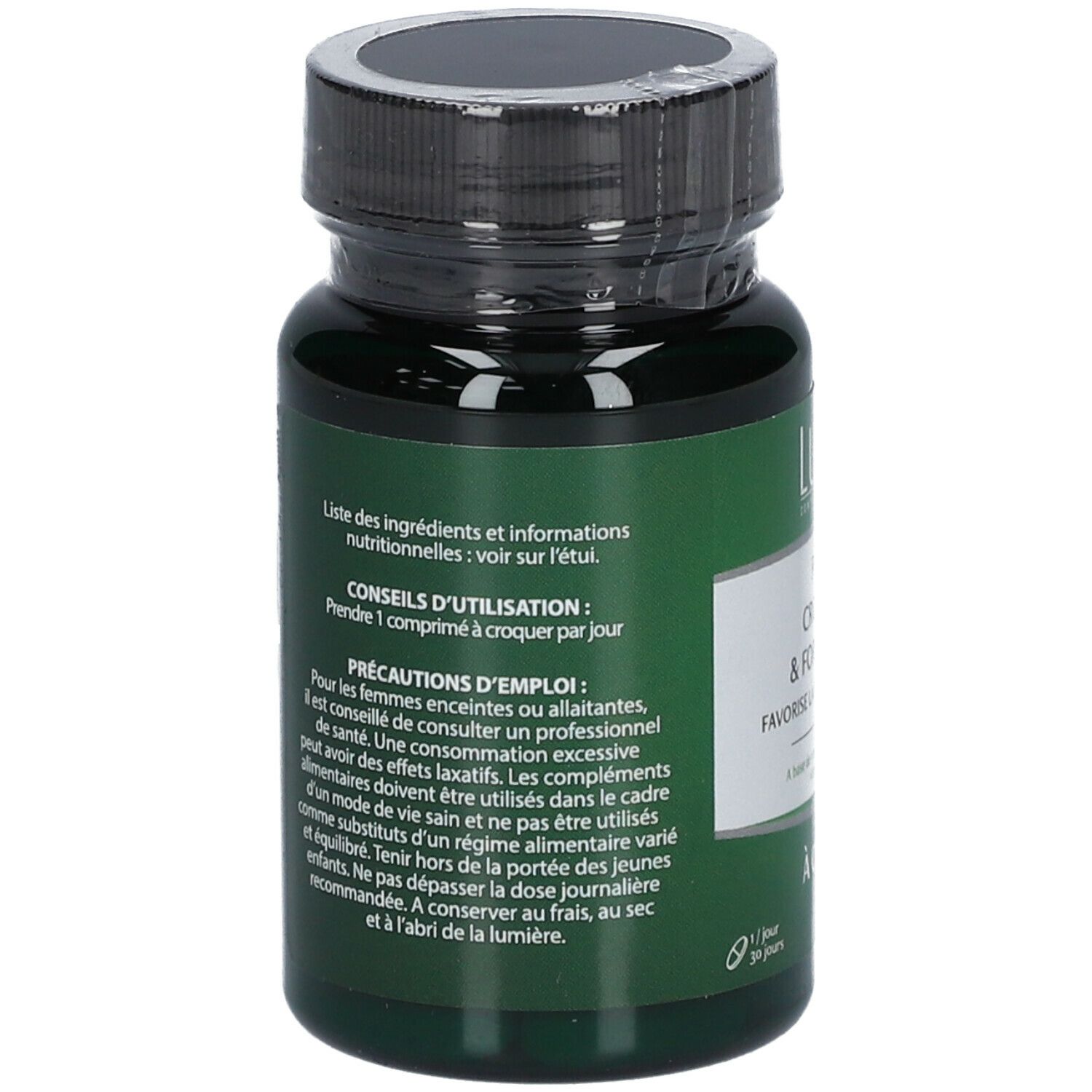 Rückseite der grünen LUXÉOL-Flasche. Text über Inhaltsstoffe und Anwendung. Hinweise für Schwangere und Stillende.