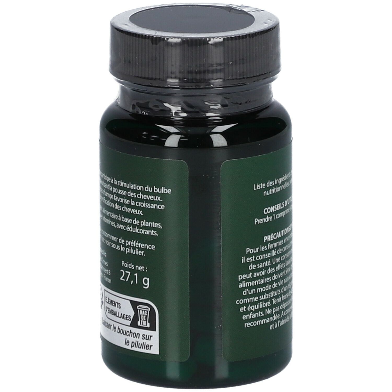 Rückseite der grünen LUXÉOL-Flasche. Text über die Zusammensetzung und das Gewicht von 27,1 g.