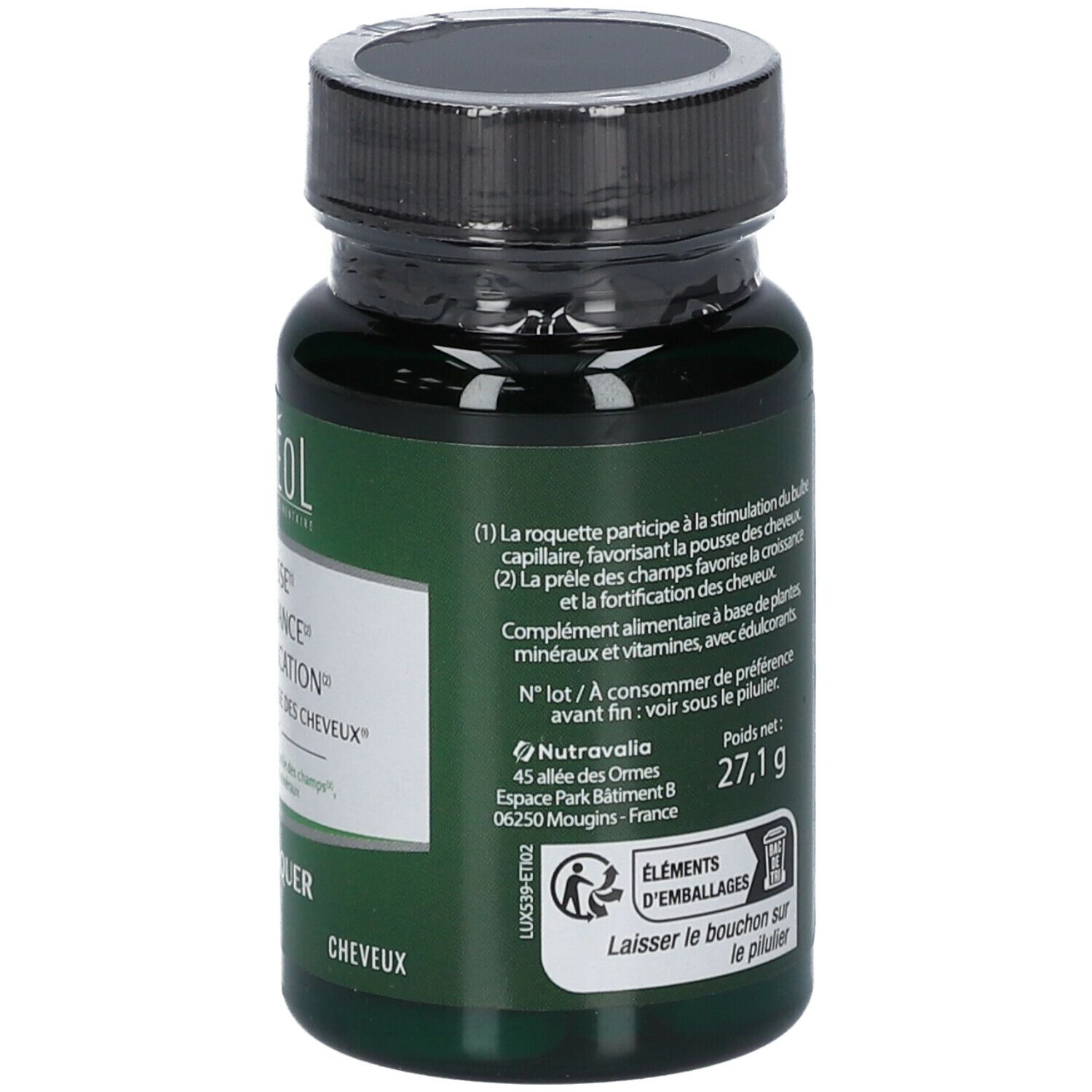 Rückseite der grünen LUXÉOL-Flasche. Text mit Inhaltsstoffen und Herstelleradresse: Nutravalia.