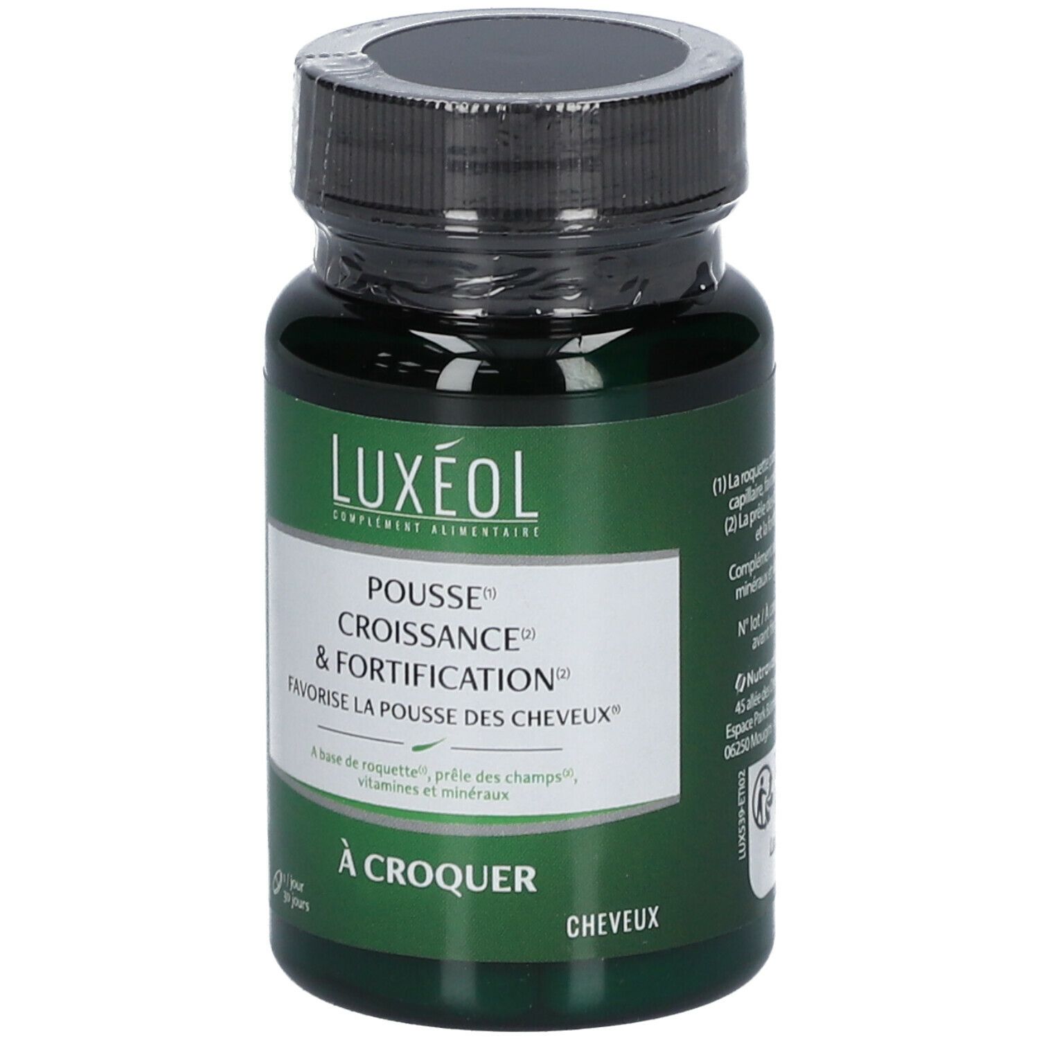 Grüne LUXÉOL-Flasche. Aufschrift: Pousse, Croissance & Fortification. Kapseln für das Haarwachstum. Deckel mit Folie versiegelt.