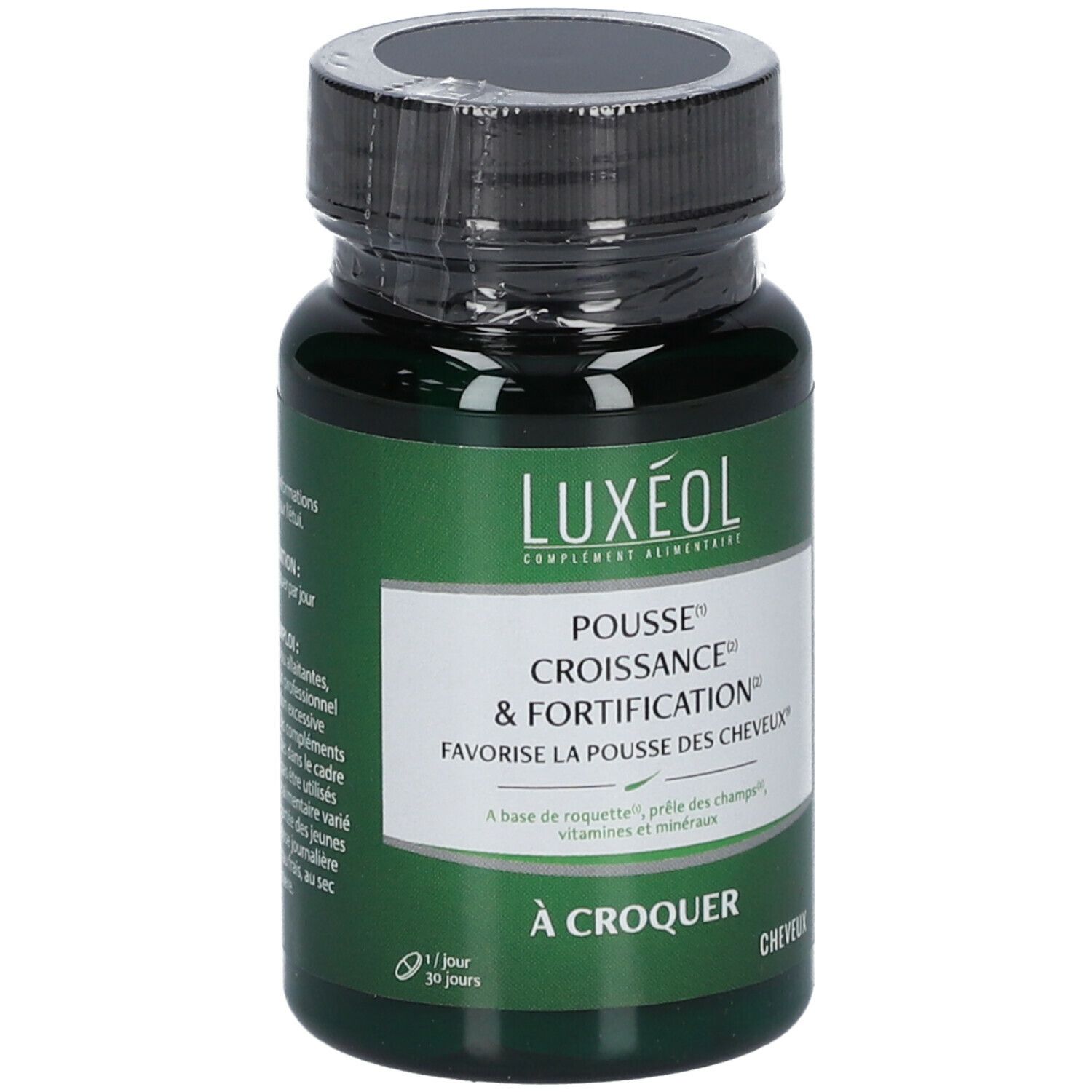 Grüne LUXÉOL-Flasche. Aufschrift: Pousse, Croissance & Fortification. Kapseln für das Haarwachstum. Nahaufnahme.
